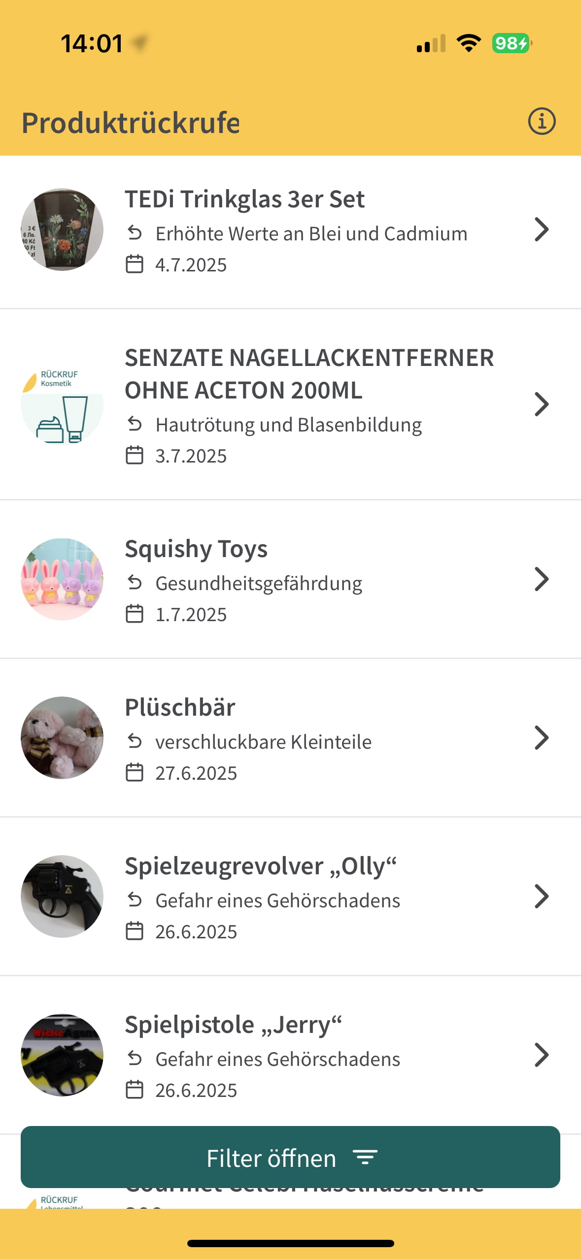 Liste aller Rückrufe